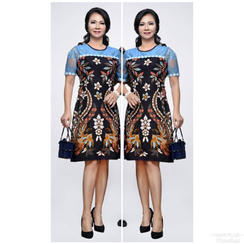 Dress Batik Jumbo Modern 4L-5L Kombinasi Brokat Terusan Batik Big Size XXXL Seragam Batik Couple NGT-Br