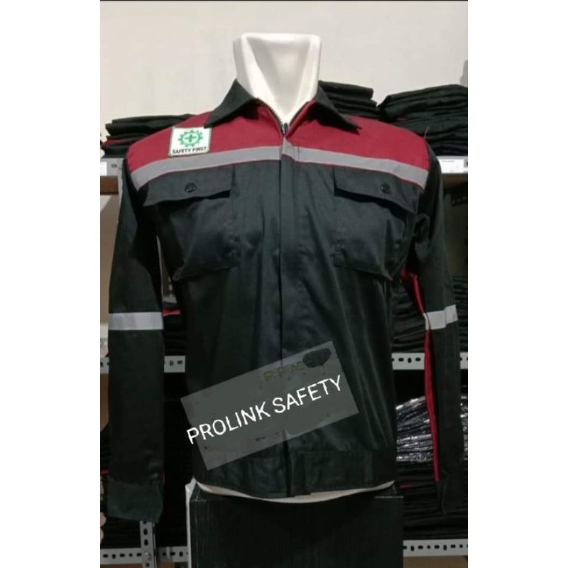 RESLETING MARON HITAM BAJU SERAGAM SAFETY BERLOGO K3 BENDERA WEARPACK KATELPAK