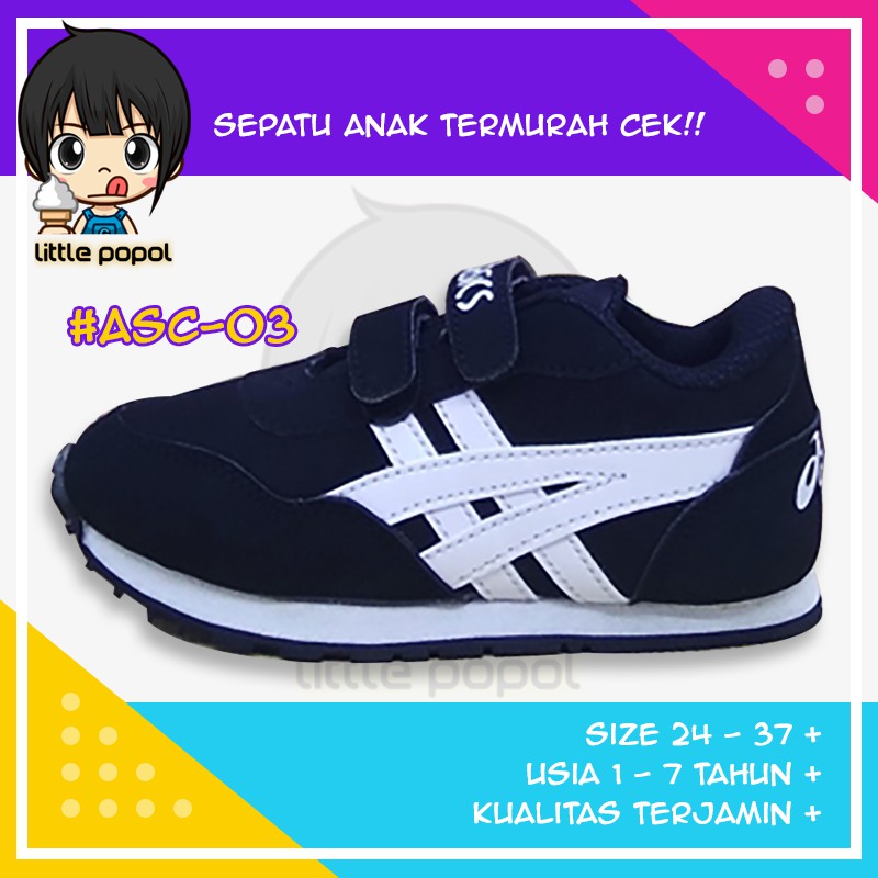 Sepatu Sneakers Sekolah Fashion Sport Asics Anak Bayi Cowok Branded Murah Bagus Hitam Putih ASC-03