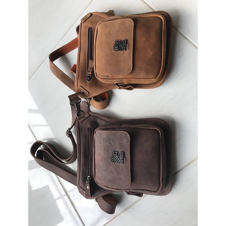 Tas Selempang Bahu Kulit Pria Slingbag Slempang Bahan 100% Kulit Sapi Asli Jenis Crazy Horse Premium Original Branded Fashion Cowok Pria Model Terbaru