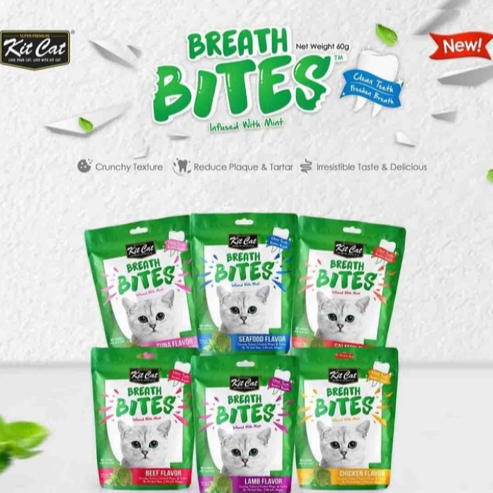 paket (12 pcs) kit cat breath bites 60g snack kucing kering 60g - all varian rasa
