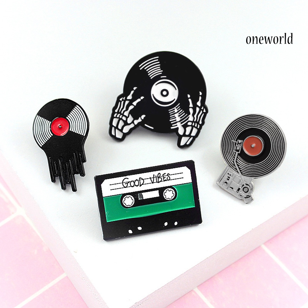 OW@ Retro Phonograph Recording Cassette Tape Vinyl Record Brooch Pin Jacket Badge