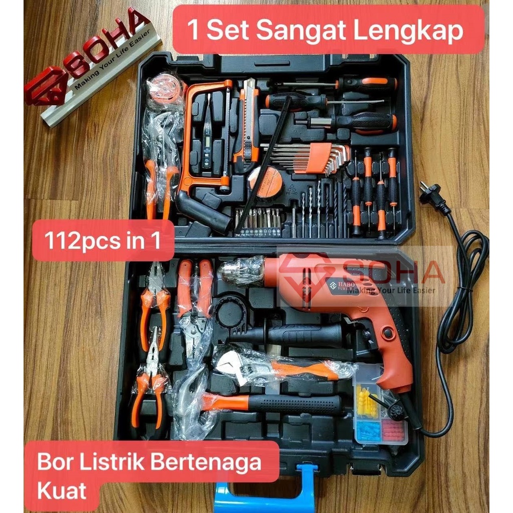 ART-040 SOHA Toolkit 112 Pcs 1 Set Box Kotak Alat Perkakas Bor Listrik Palu Tang Obeng Kunci Pas TOOLS Mekanik &amp; Rumah Tangga Toolset Toolbox