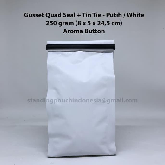 

Kemasan Kopi Gusset Quad Seal 250 g (TIN TIE + VALVE) PUTIH *PREMIUM* BERKUALITAS