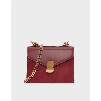 Tas Selempang wanita Medium Velvet Charles and Keith / Woman Metal Detail Front Flap slingbag maroon