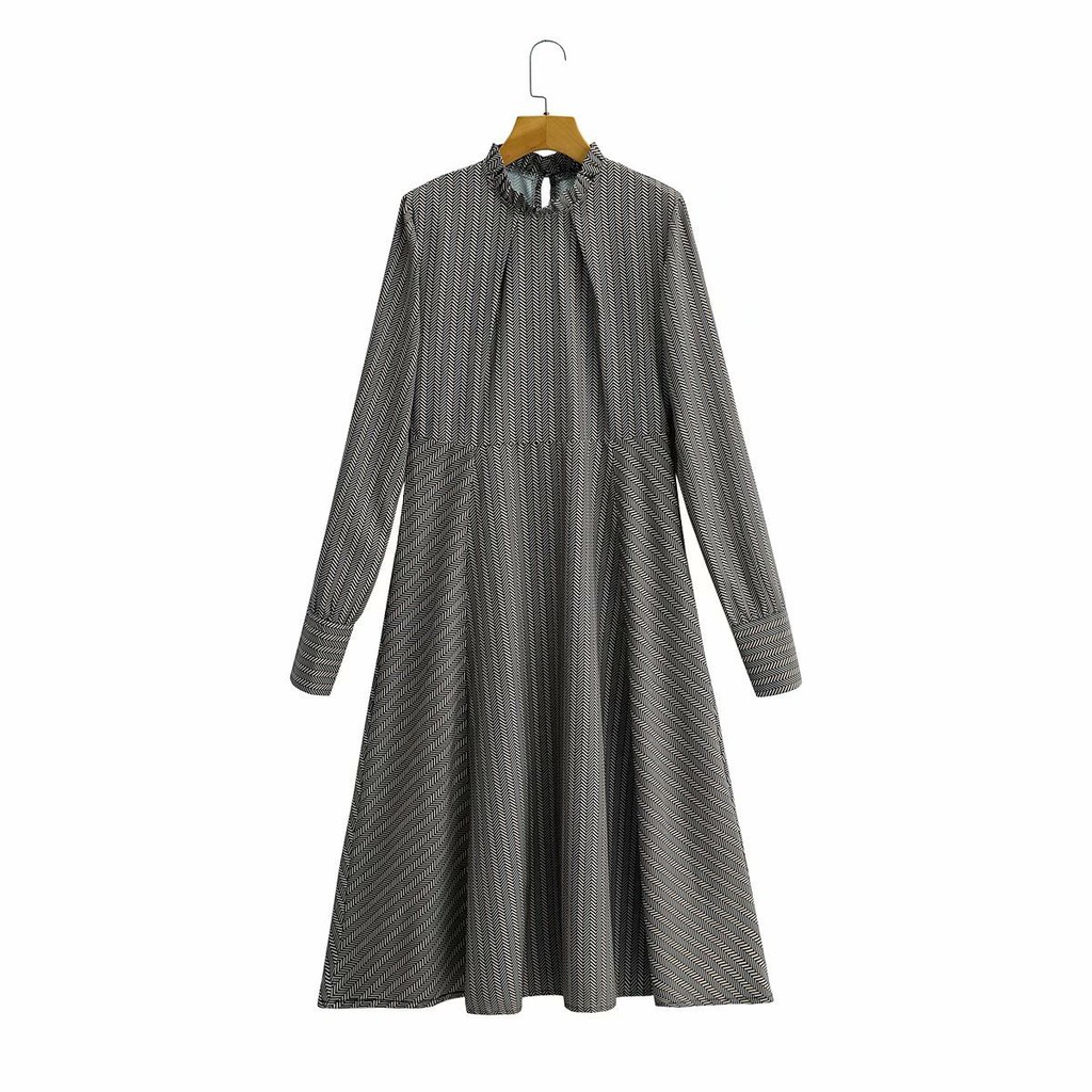 Dress Wanita Motif Lengan Panjang Casual Midi Dress Korea Pattern Collar Dress