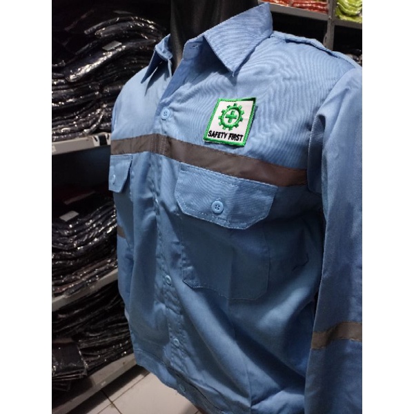 SERAGAM SAFETY BIRU MUDA KANCING DAN RESLETING