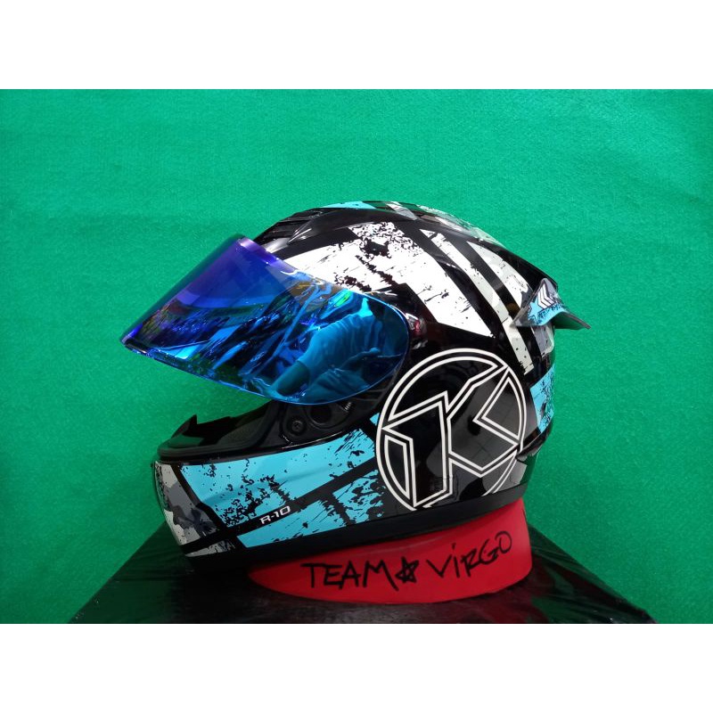 KYT HELM R10 MOTIF #3 AQUA BLUE ++ VISOR IRIDIUM + SPOILER
