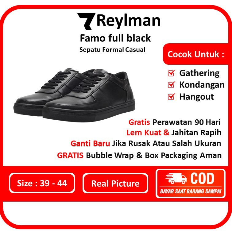 Sepatu Kulit Pria Reylman Famo Full Black Casual Original Terbaru Pantofel Dewasa Formal Tali Formal