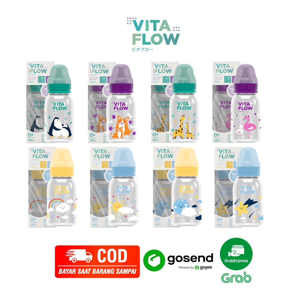 Vitaflow Botol Susu 140ml Multifungsi 3in1 New Cap - Animal Series &amp; Sky Series // Calia Babyshop