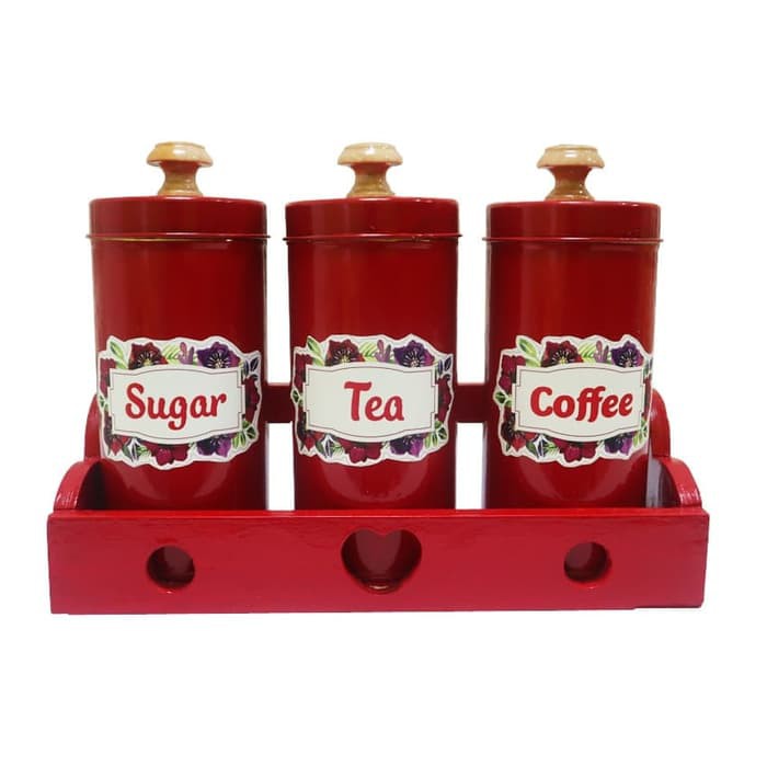 Tempat Gula Kopi Teh Canister Set Sugar Coffee Tea Set - Merah