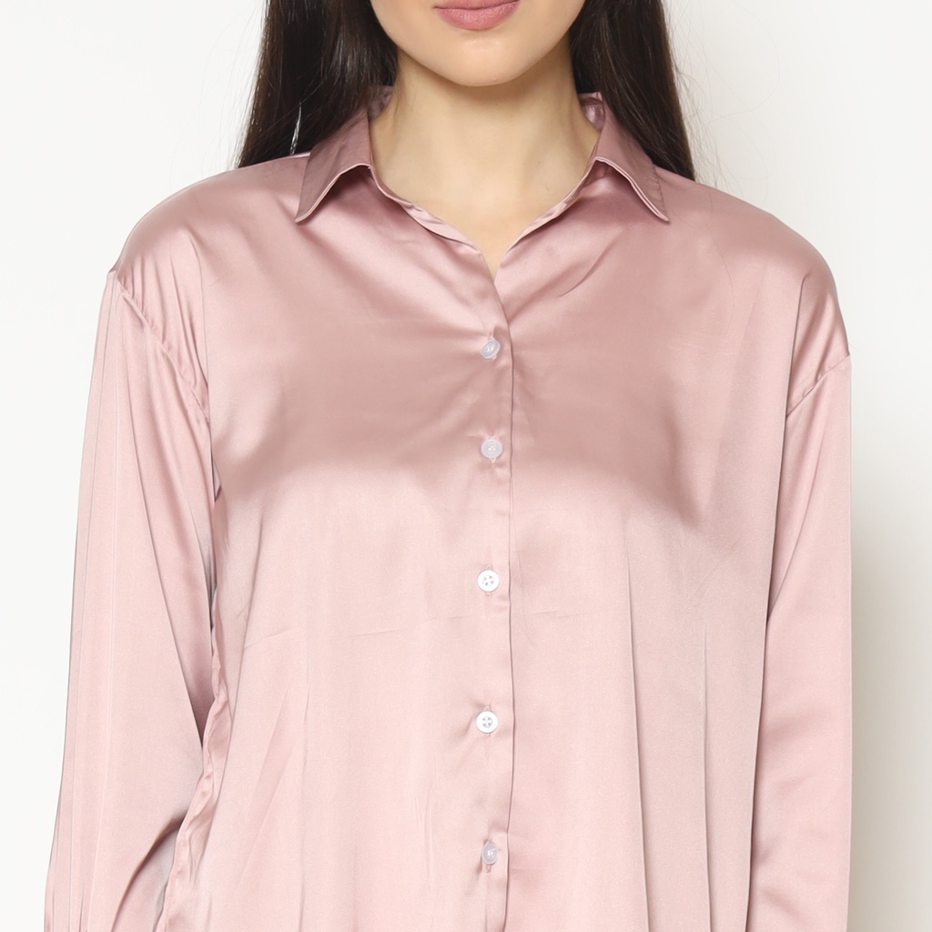 Blouse Atasan Wanita - Kemeja Blouse Wanita Silk Plain V-Neck Lengan Panjang