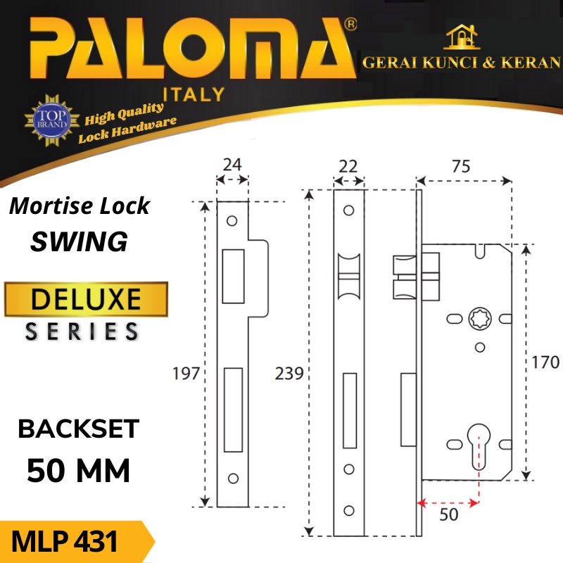 BODY KUNCI PINTU MLP 431 PALOMA SWING DELUXE 50 MM PVD GOLD  MORTISE LOCK SWING