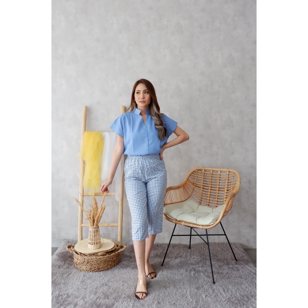 COTTONBELLS CASUAL JUMPSUIT WANITA BERDINE SQUARE PLAID V SET PANTS (JJ - JS 1758)-3