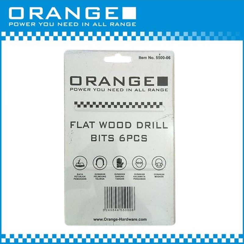 ORANGE FLAT WOOD DRIKK BITS Mata Bor Kipas 6 Pcs