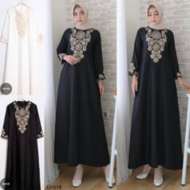 READY BRANDED ORIGINAL GAMIS SYARI JJ 158 White Putih / Hitam Black  Bordir  Balloteli