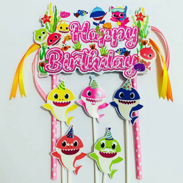 Baby Shark Pink Text Topper Cake Birthday / Hiasan Kue Ulang Tahun / Topper Kue Ulang Tahun