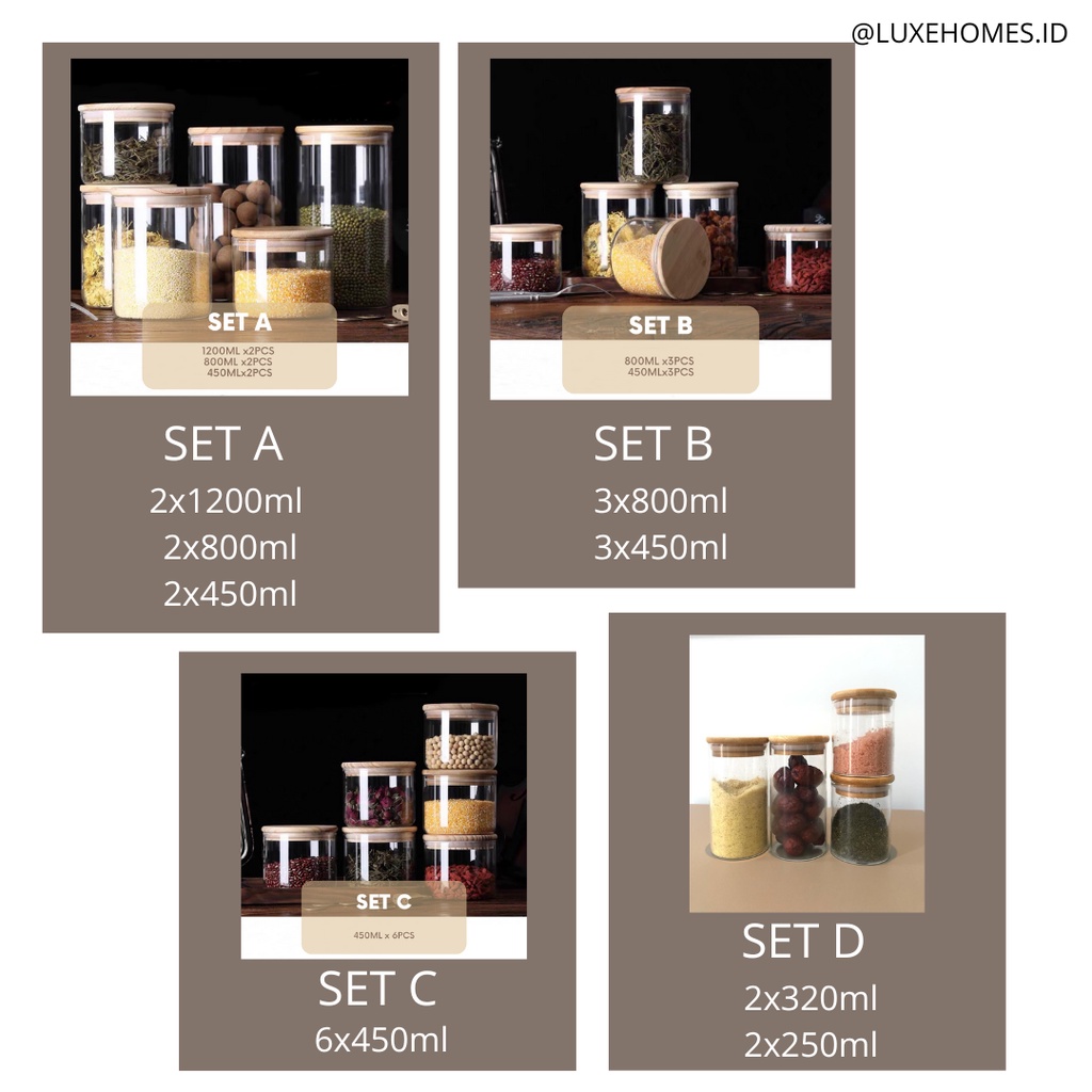 SET Toples Kaca Tutup Kayu / Penyimpanan Snack Bumbu / Snack Jar / Toples Beling Kedap Udara