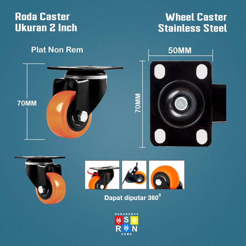 Roda Kastor 2 Inch Oranye TEBAL Plus Rem / Castor Swifel Plate Etalase Troli / Wheel Castor Resonance Home