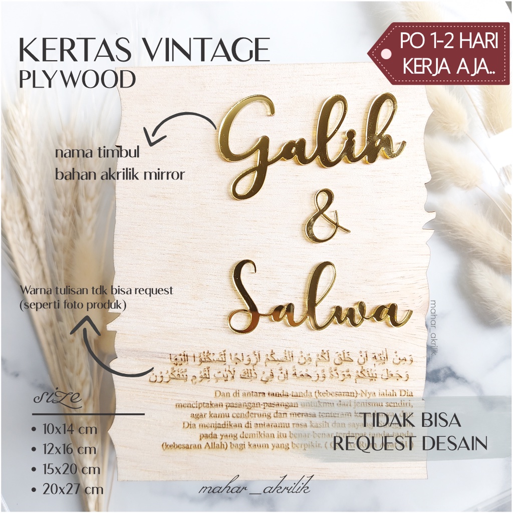 Kertas Vintage Nama Timbul Akrilik Mirror / Bahan Plywood Ukir Model Kertas Vintage Hiasan Mahar