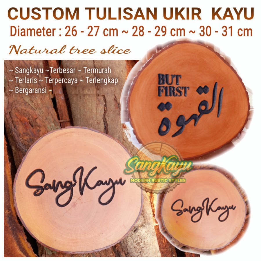 SangKayu Talenan Ukir Tatakan Kayu Tree Slice Ukir Tulisan Properti Foto