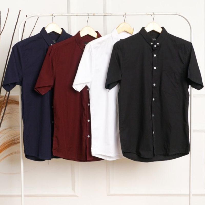 kemeja pria lengan pendek polos slimfit hitam putih maroon navy