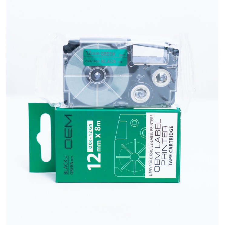 OEM TAPE EZ LABEL CASIO 12MM BLACK INK GREEN (OXR-12GN)