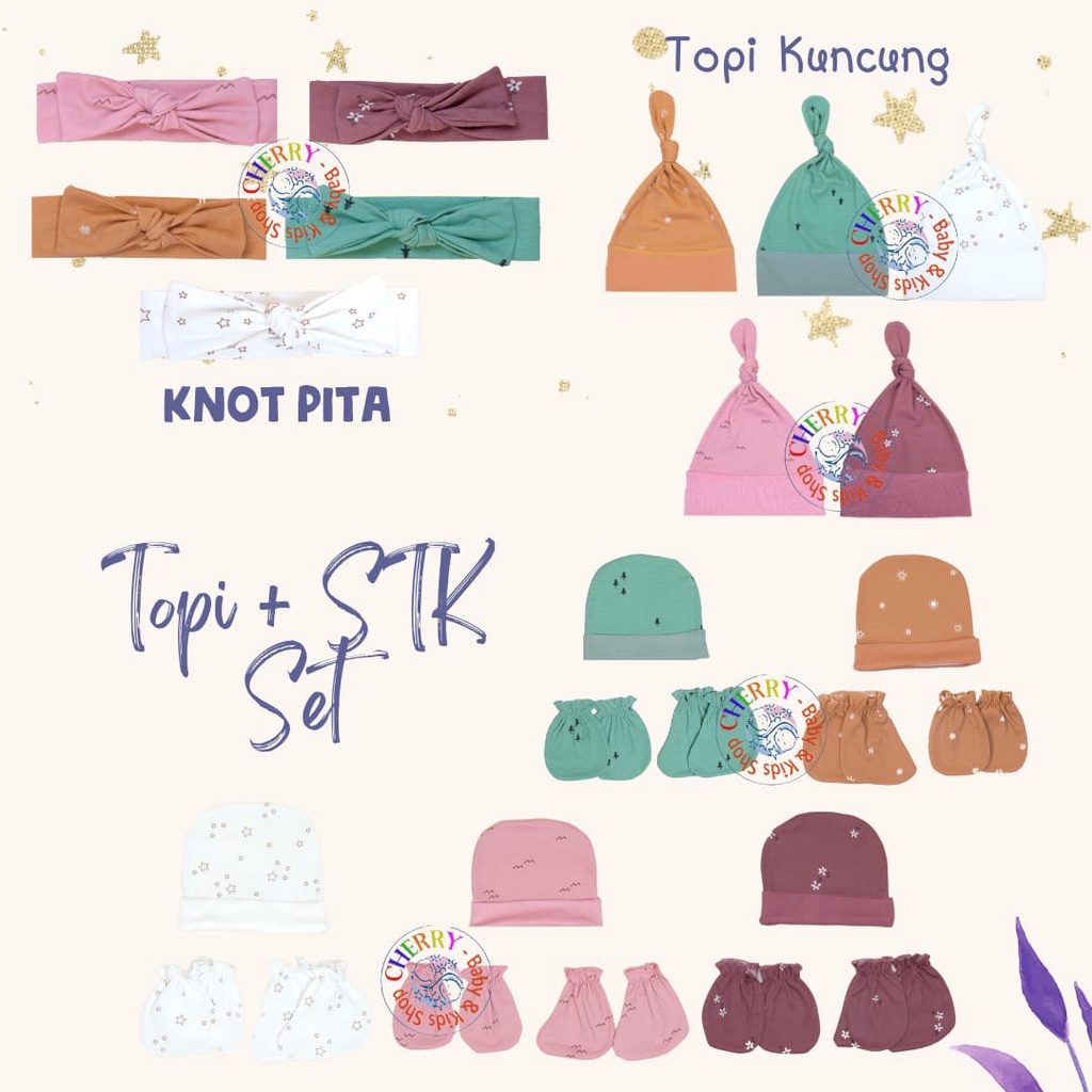 Set STK Topi Dan Bandana Nature Series Bonbinzoo Sarung Tangan Kaki Topi Kuncung Bandana Newborn Baby Nature Series CBKS