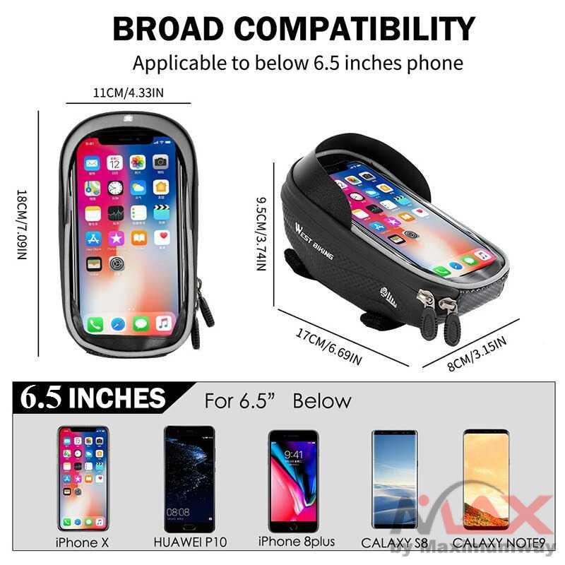 Tas Sepeda atau motor holder HP Waterproof Smartphone 6.5 Inch anti air waterproof setang stang WEST BIKING Waterproof Bike Bag Frame High Sensitive Touch Screen 6.0inch Phone Case Cycling Bag Front Top Tube MTB Bicycle Bags