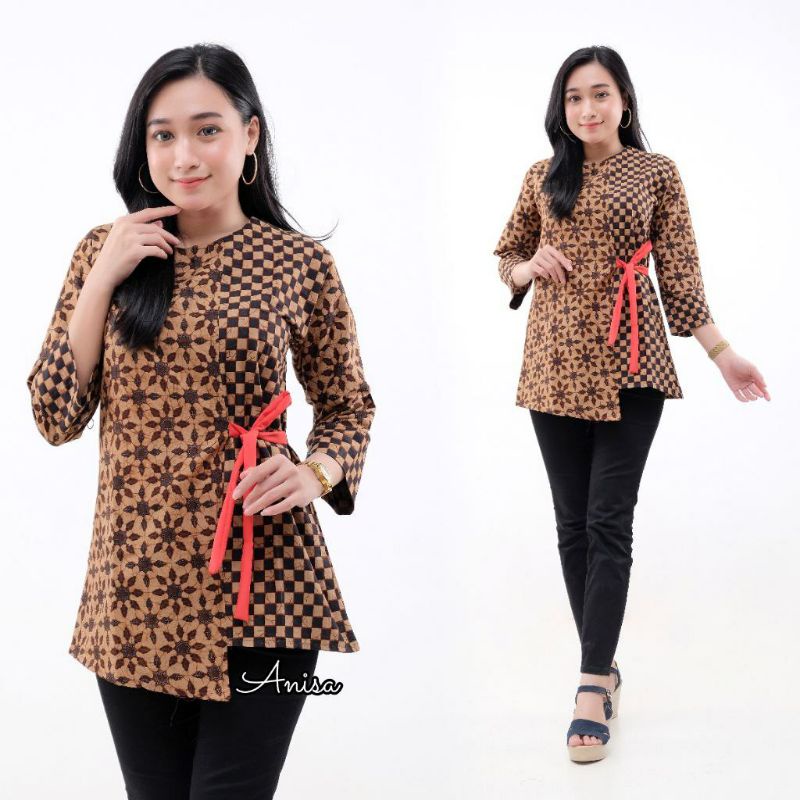 Atasan Batik Blus Batik Wanita Tali Pinggang Size M L XL XXL