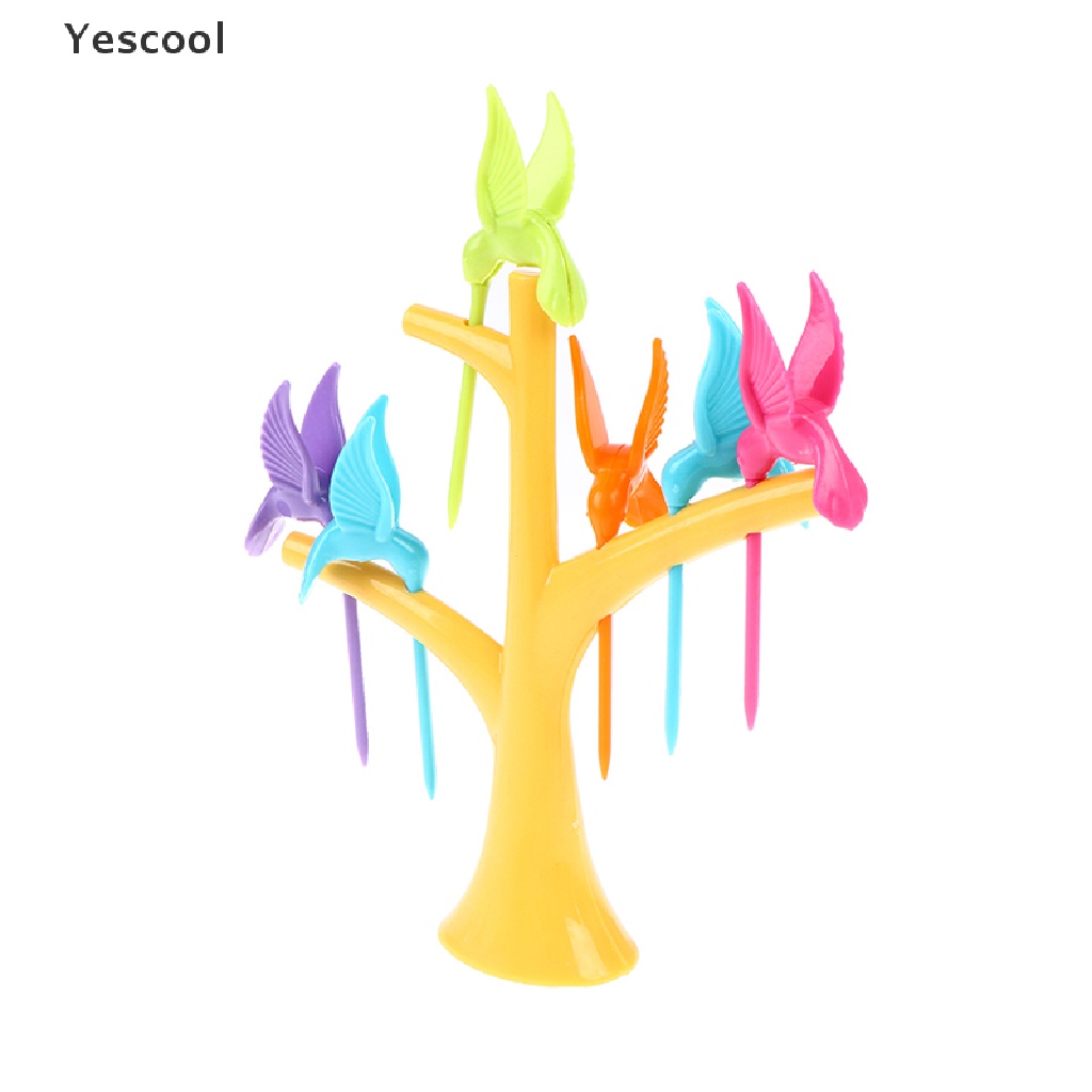 Yescool 1 Set Garpu Buah / Sayur / Dessert Bentuk Pohon / Burung Bahan Plastik