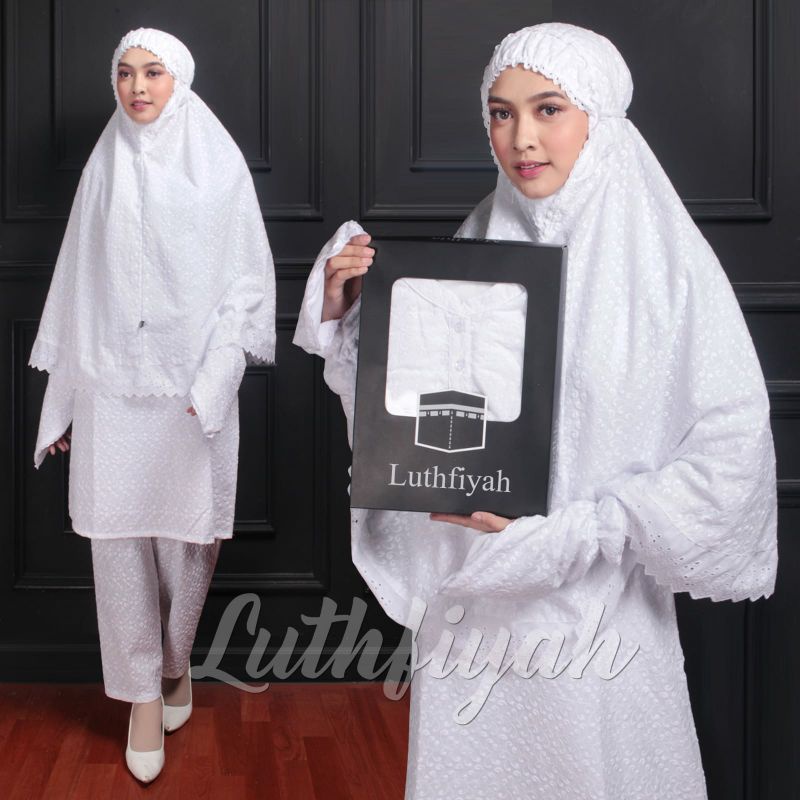 Setelan Tunik Wanita Katun Putih One Set Tunik dan Celana Umroh Lengkap