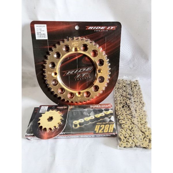 Gear set KLX D traker 150 , KLX BF  428 gir depan belakang rantai warna gold Ride it