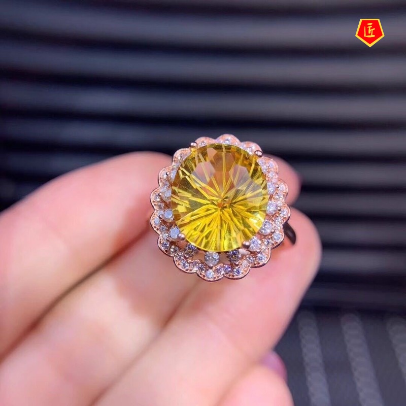 [Ready Stock]Exaggerated and Personalized Inlaid Citrine Open Ring