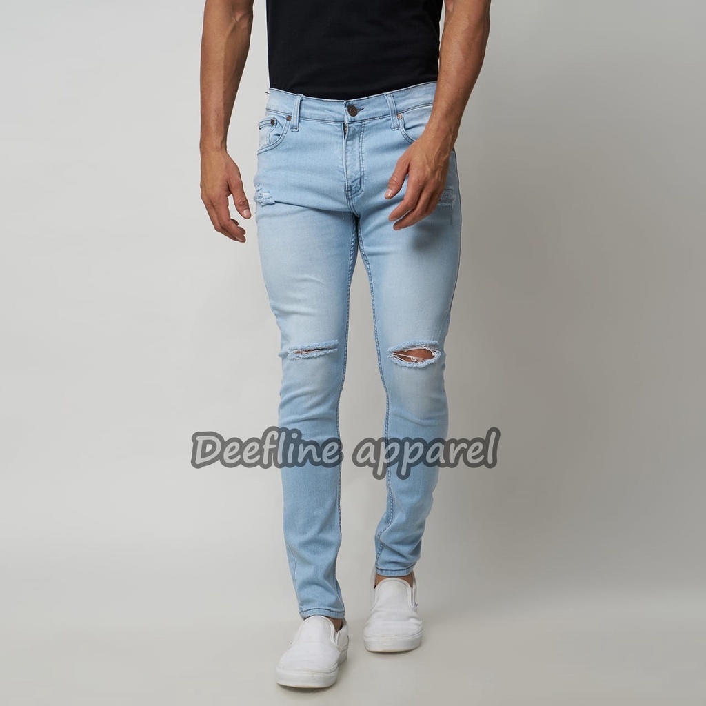 Deefline - Celana Jeans Pria Skinny Slimfit Ripped Jeans ICE BLUE