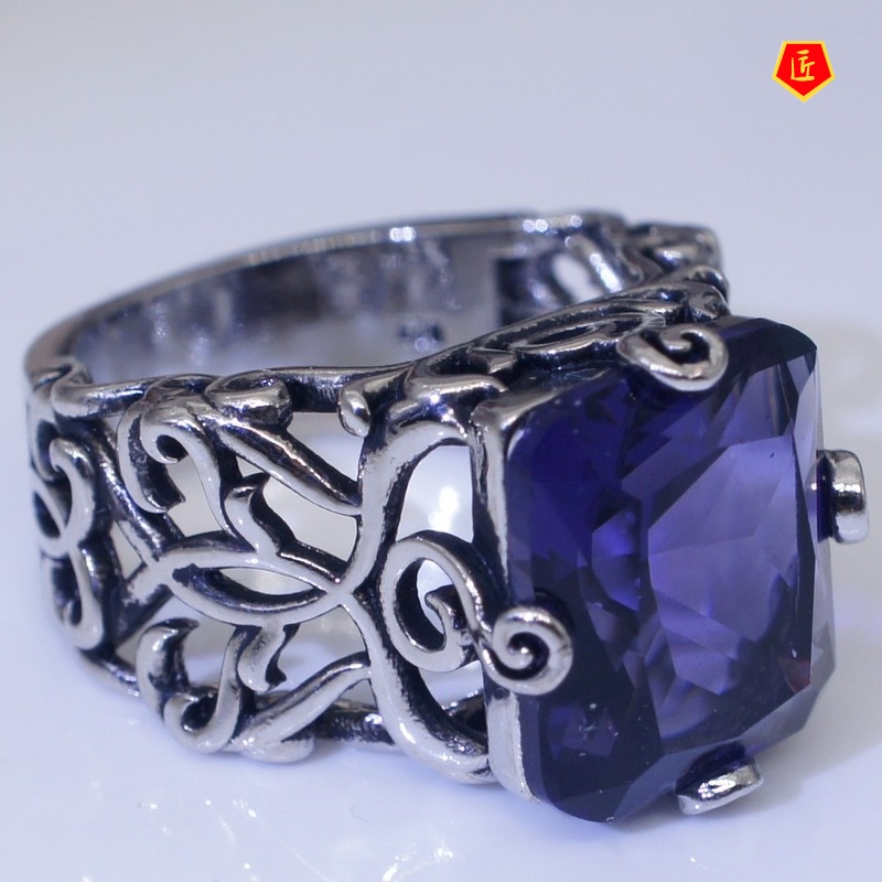 [Ready Stock]Hollow Flower Rhinestone Purple Crystal Silver Ring Elegant Retro