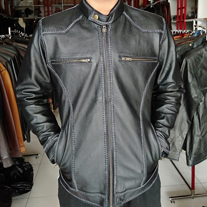 Jaket Kulit Pria Asli Domba Model Jahitan Sulam Elegant Brownie Ariel Noah