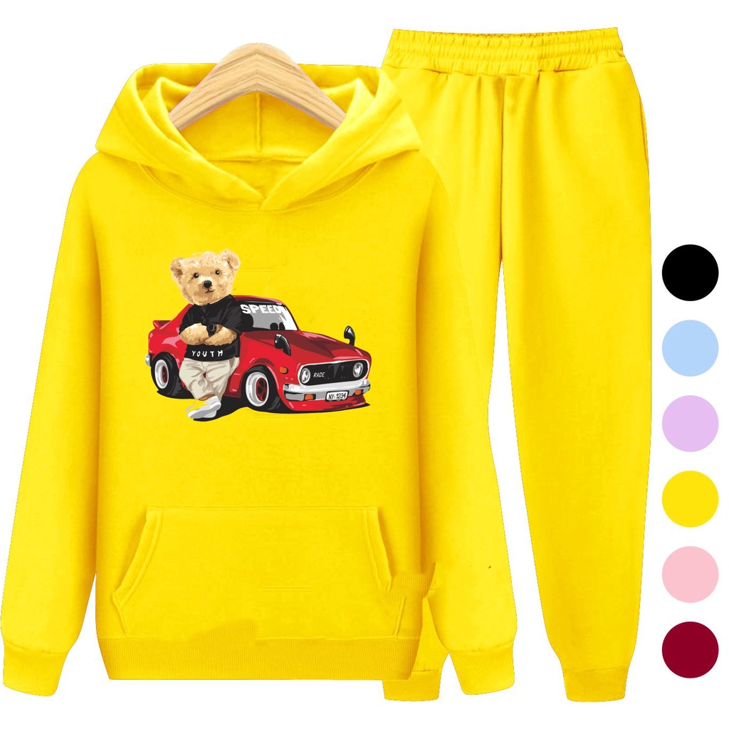 Setelan Sweater Anak + Celana TEDDY CAR / Set Sweater Hoodie Anak Laki - Laki Remaja Kekinian Terbaru