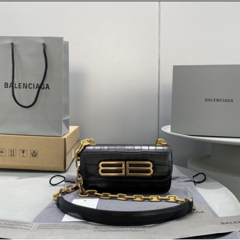 Tas Balenciaga Gossip XS bag with chain in Croco embossed Calfskin - Black