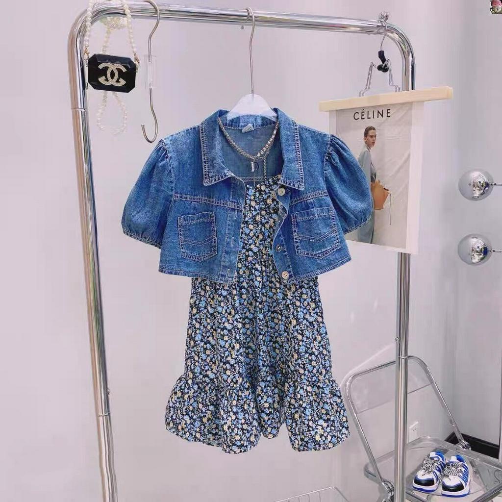 babyfit 3-8thn setelan dress tanktop dengan crop jacket jeans pendek anak perempuan import al-0522