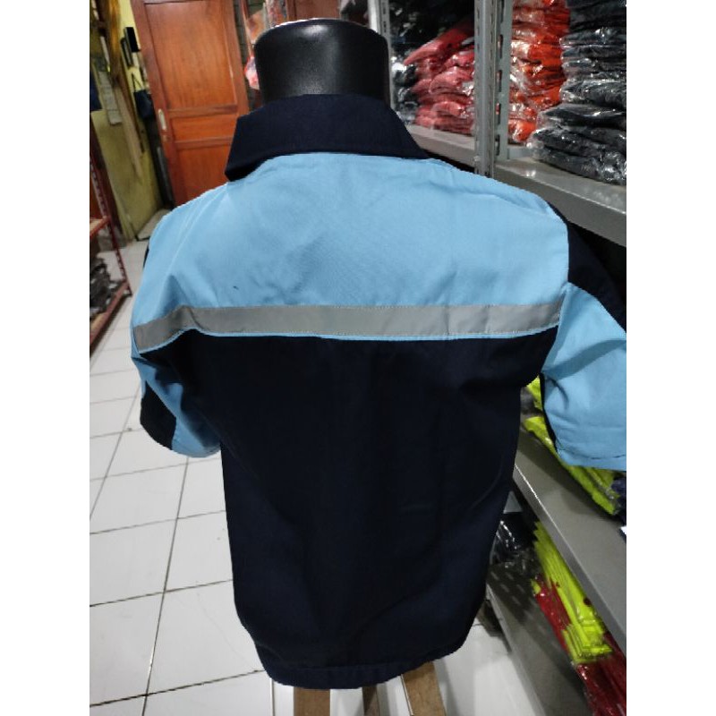 BAJU SAFETY RESLETING LENGAN PENDEK BIRU MUDA KOMBINASI DONGKER FREE LOGO K3 BENDERA KAIN PREMIUM