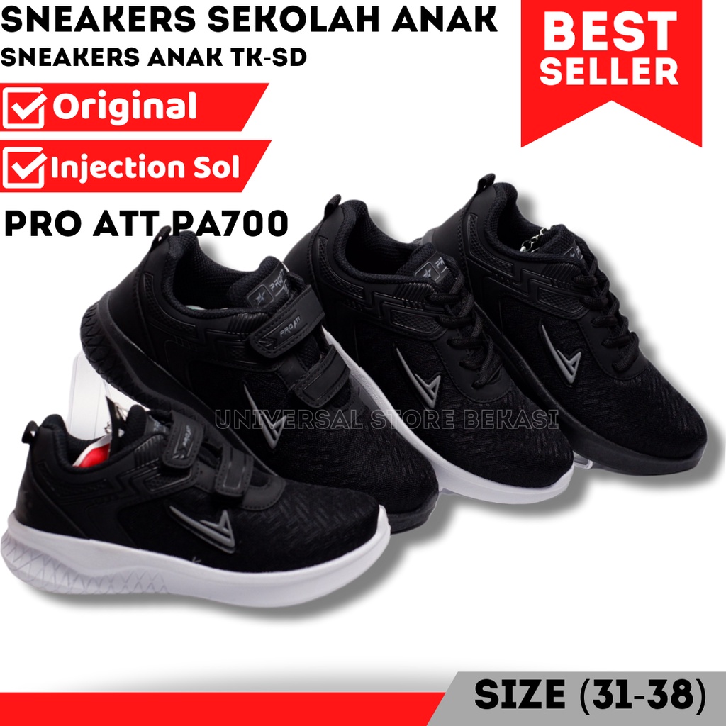 Sepatu Sekolah Pro ATT PA 700 Perekat  Tali Hitam Putih Hitam Full Casual Sneakers Anak Perempuan Laki SD SMP