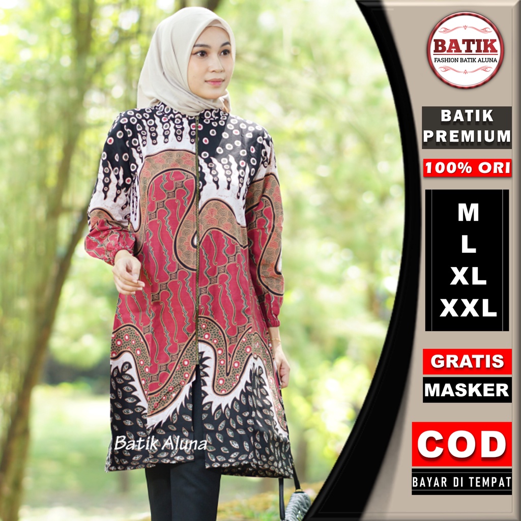 Batik Wanita Modern Tunik Premium Lengan Panjang Atasan Batik Kantor Wanita Dewasa Terbaru Kekinian Resleting Full Furing Baju Batik Couple Wanita Modern Jumbo Lengan Panjang FASHION BATIK ALUNA