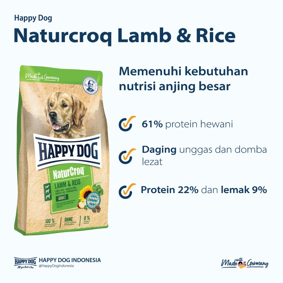 Happy Dog Makanan Anjing Dewasa Naturcroq Lamb &amp; Rice 15kg