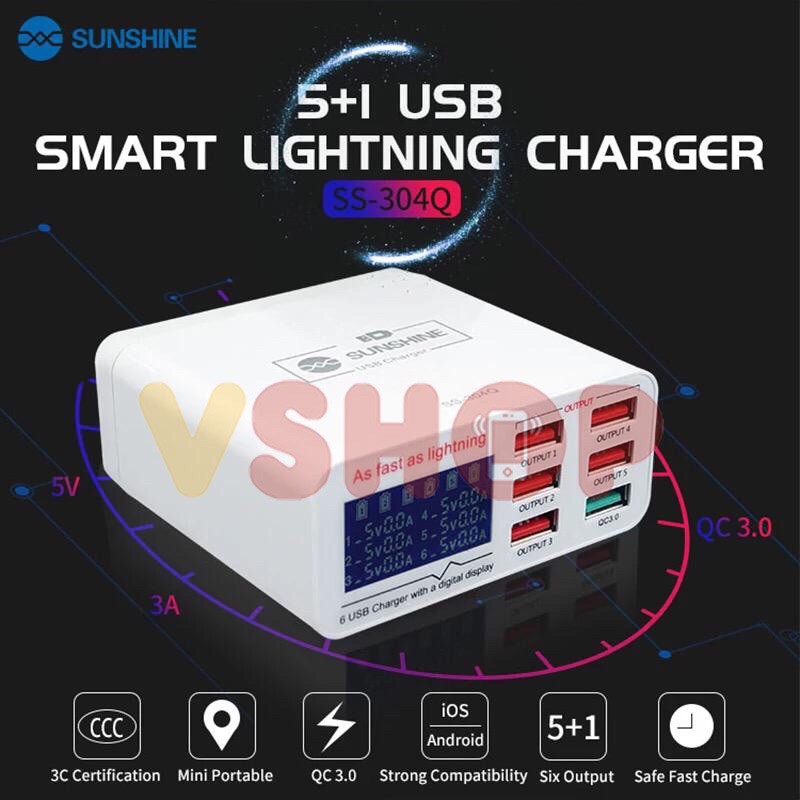 USB ADAPTOR CHARGER SUNSHINE SS-304Q 6 PORT USB QC3.0 FAST CHARGING