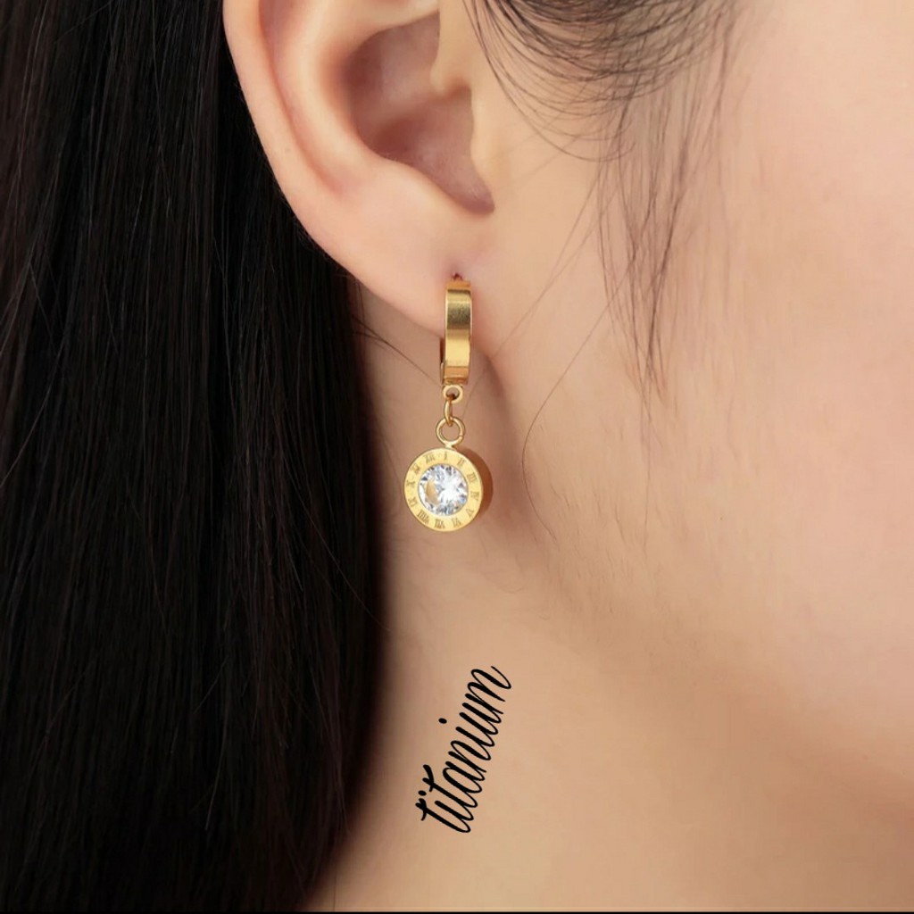 Anting Titanium Bvlgr Bulat Romawi Crystal Rose Gold, Gold dan Silver