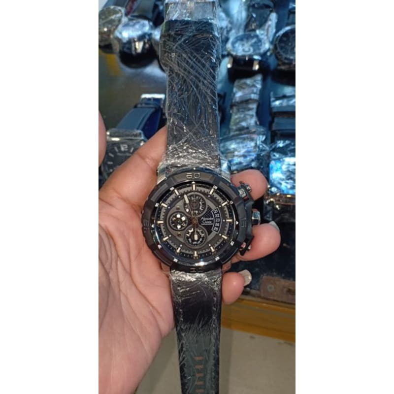 ALEXANDRE CHRISTIE AC 6439 PRIA black ring silver button LEATHER BLACK ORIGINAL JAM TANGAN