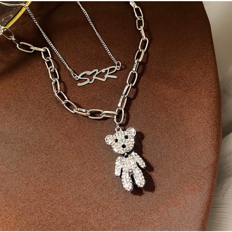 Kalung Rantai Panjang Dengan Liontin Beruang Ganda Aksen Berlian Imitasi