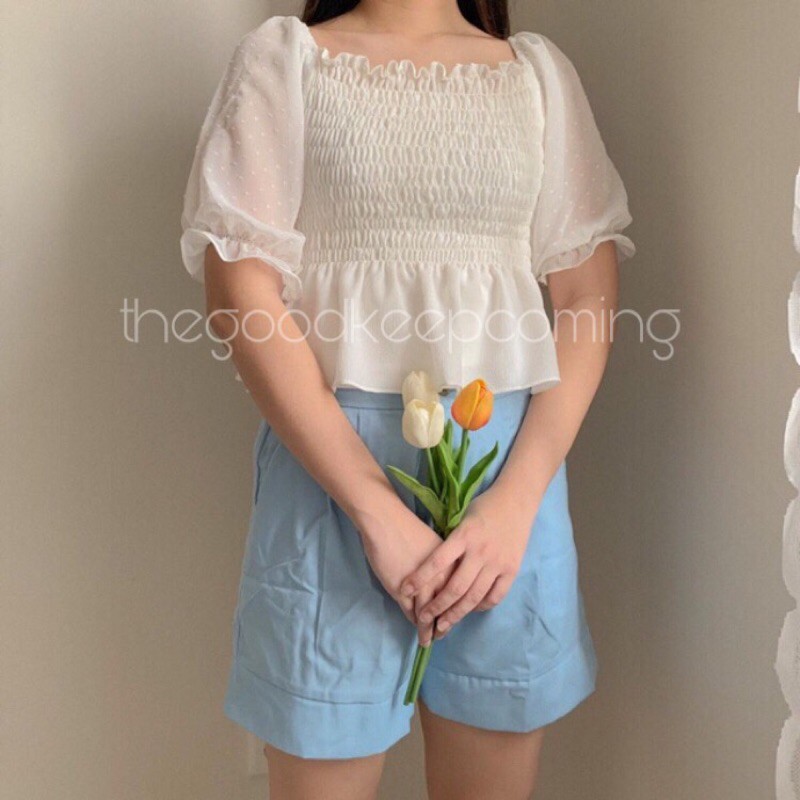 Korean Top Sabrina| Atasan Korea Lengan Balon Sabrina| Karina crop top