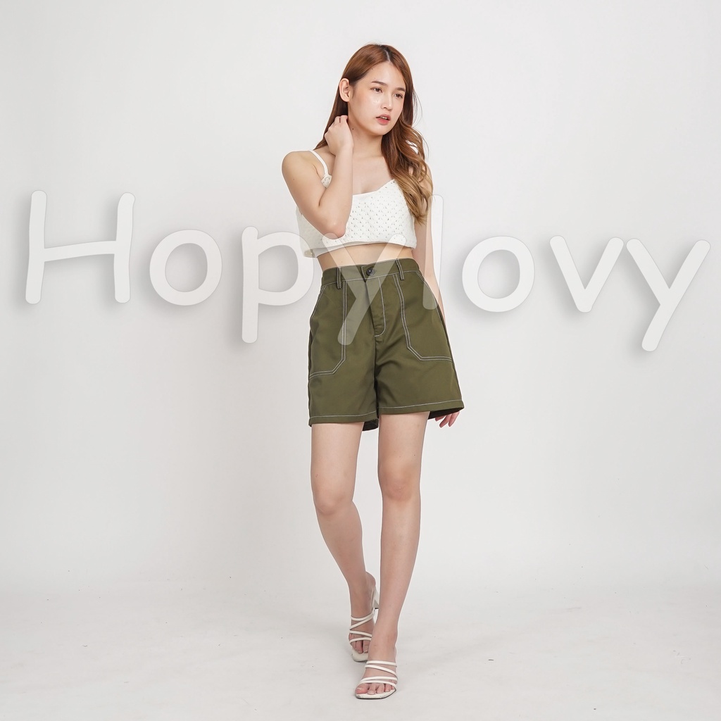 HOPYLOVY Celana Pendek Wanita Hotpants High Waist Bahan Katun List Putih Rabella